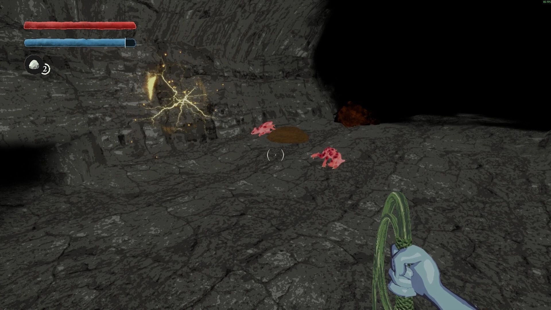 Crack In The Dark: Player with whip facing pink creatures in a rocky cave with health and mana bars visible.