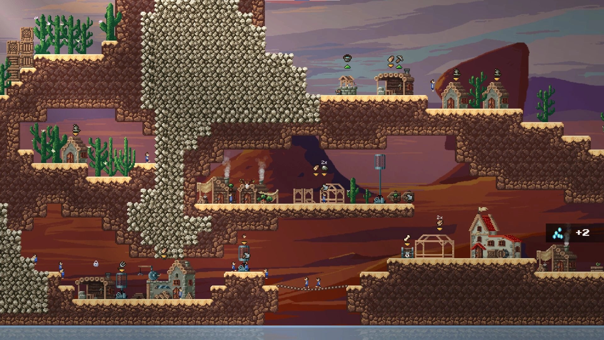 Craftlings: Diligent characters constructing a multi-level settlement in a rocky desert environment.