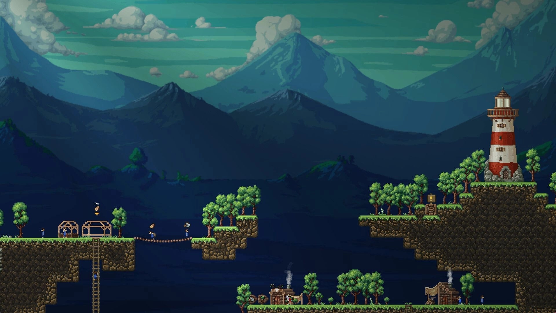 Craftlings: Characters crossing a bridge between platforms with trees and lighthouse in mountainous landscape