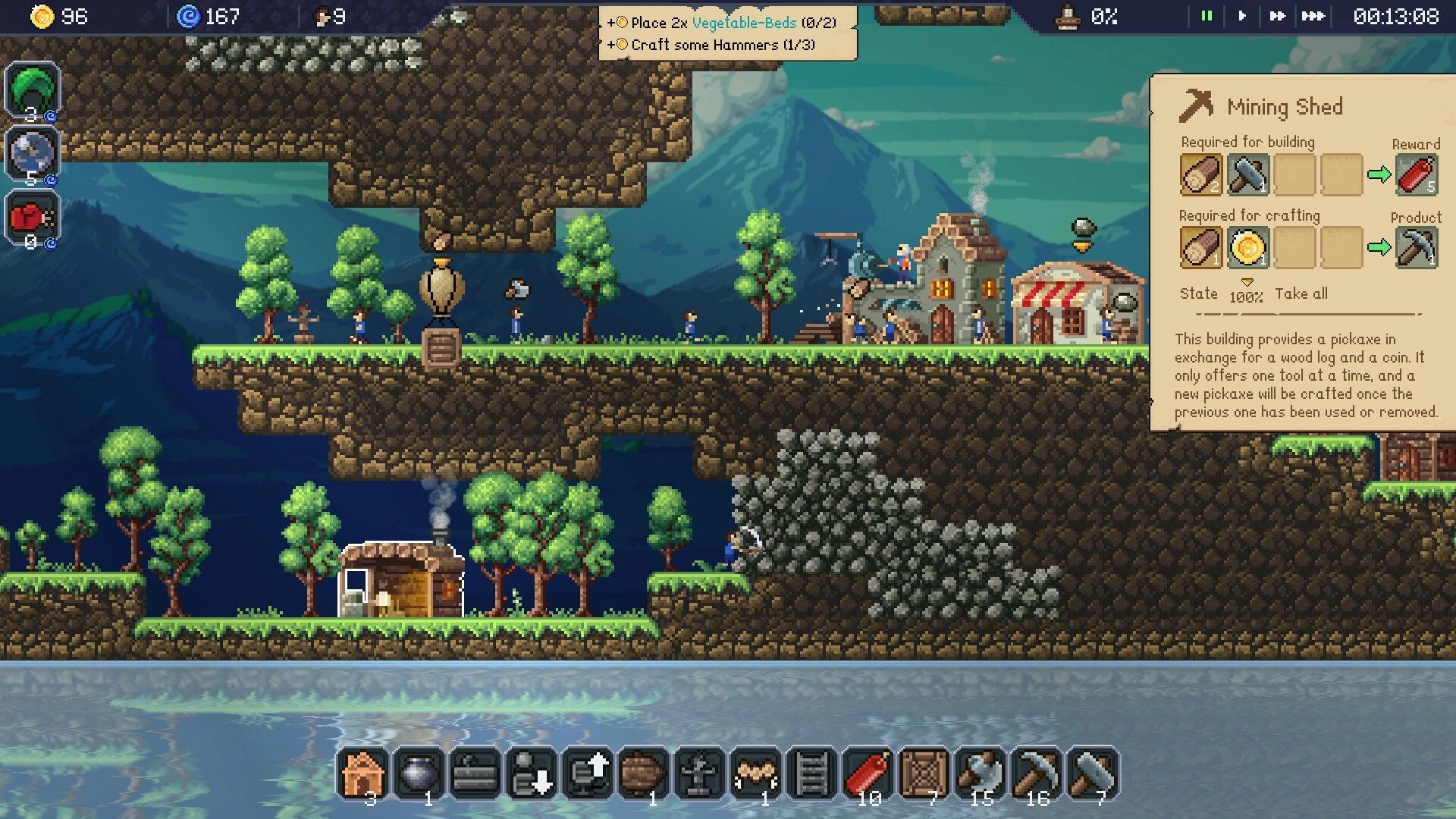Craftlings: Characters gather resources and build structures on a multi-layered landscape with tasks displayed.