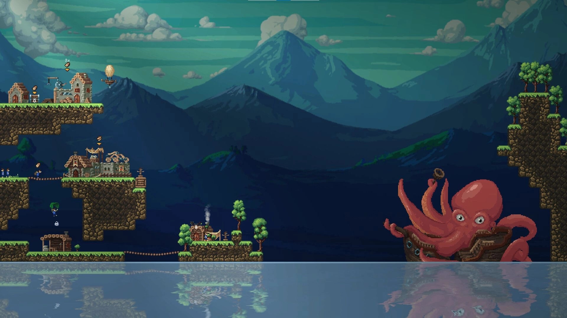 Craftlings: Settlement building on floating islands with an octopus ship in mountainous landscape