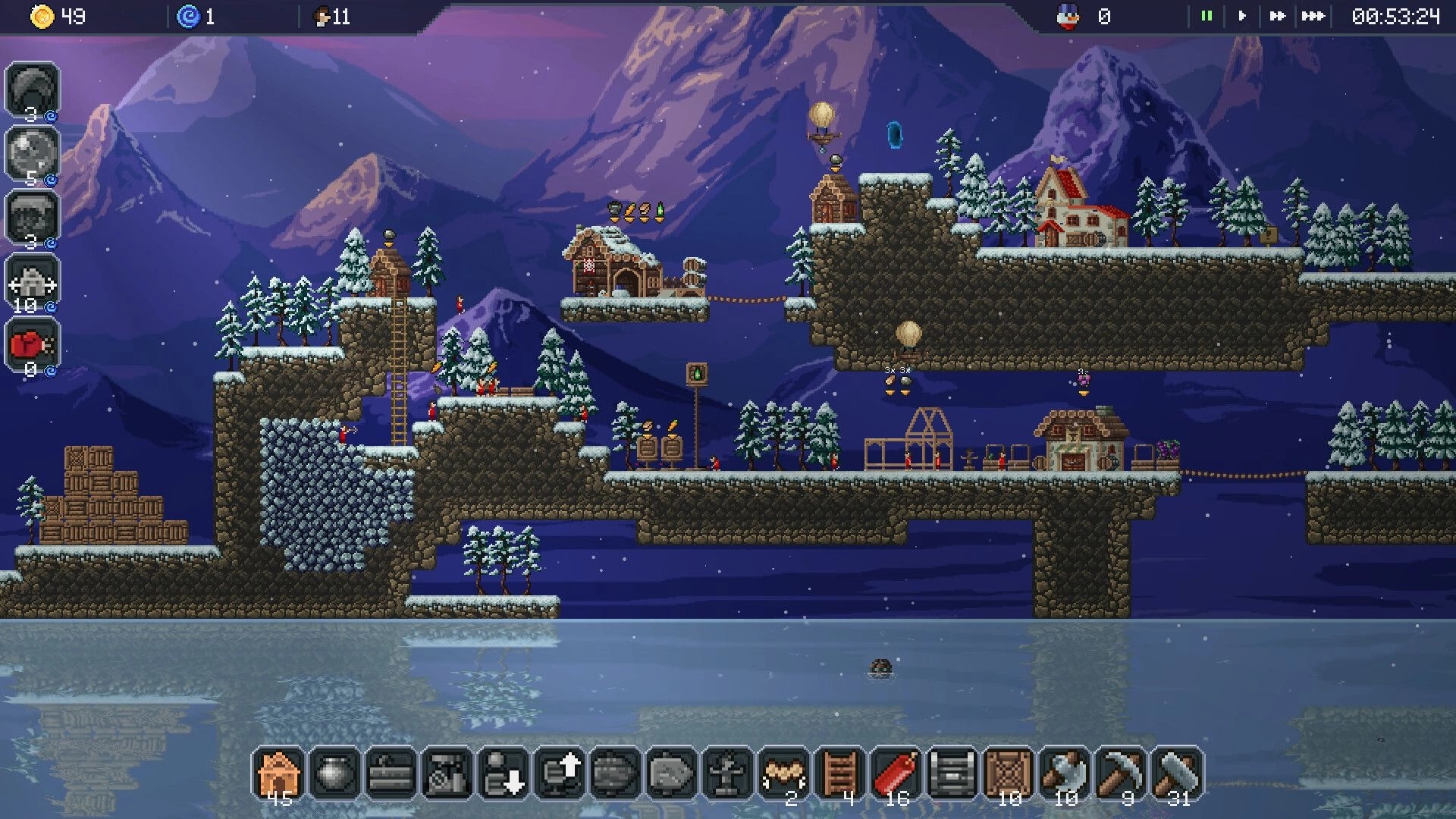 Craftlings: Snowy mountain settlement with multiple buildings, resource icons, and crafting toolbar visible