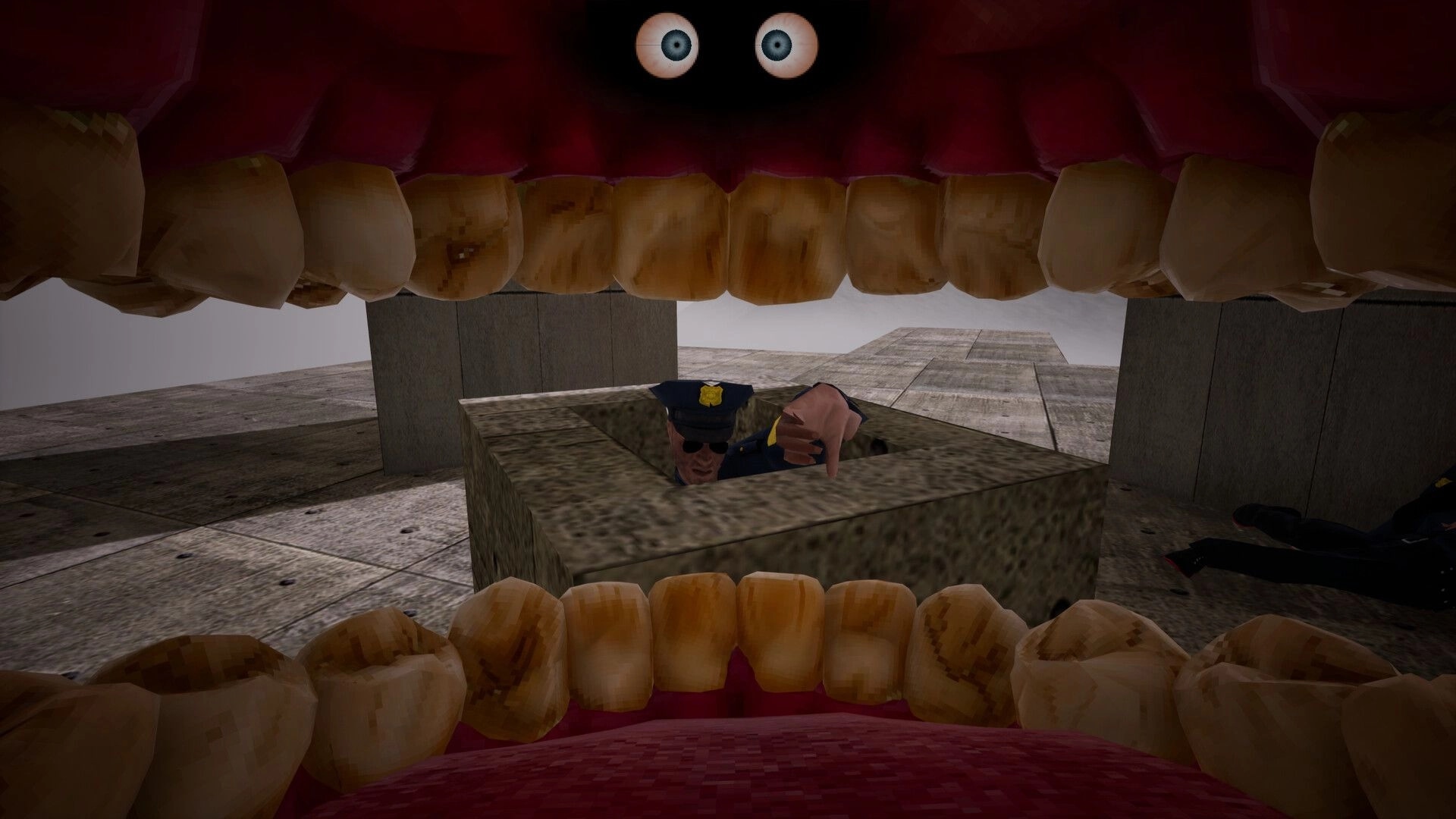 Cramped: First-person view from inside a mouth biting at a policeman in a concrete pit courtyard.