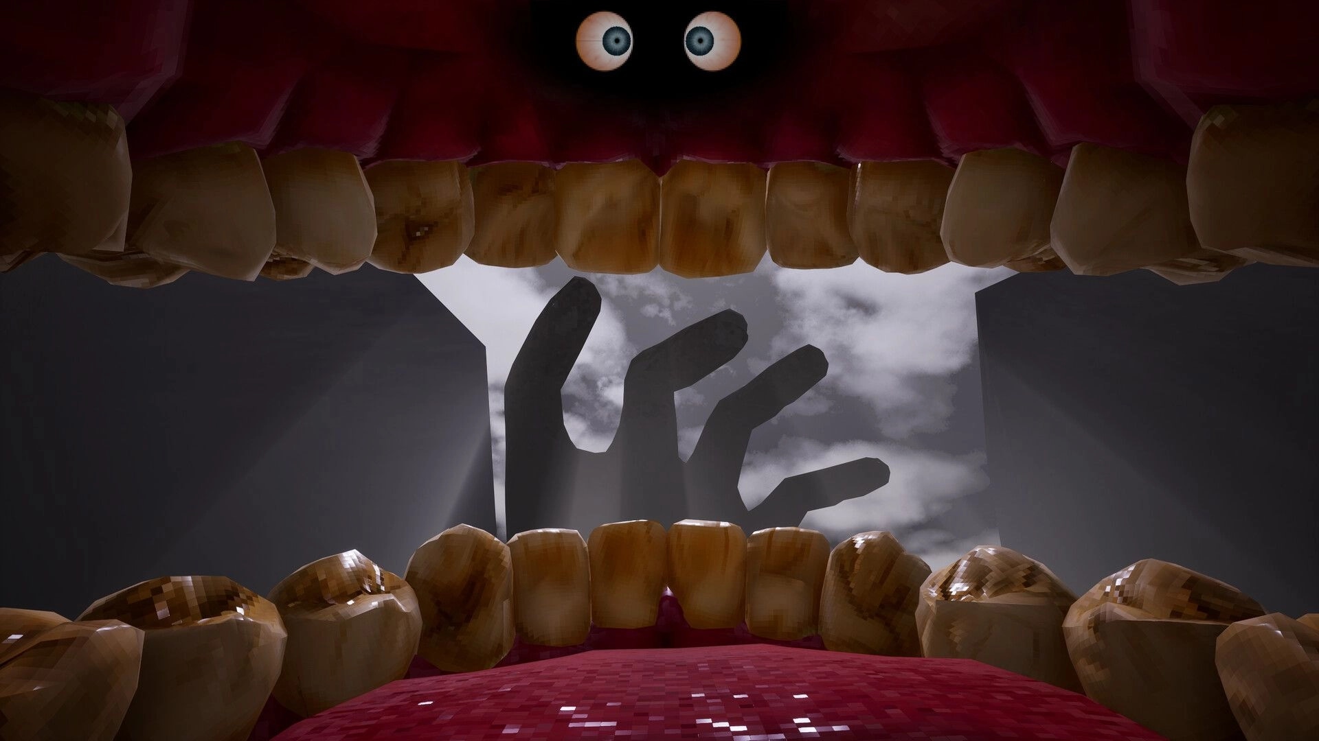 Cramped: First-person view inside a huge mouth with teeth and eyes, staring at looming hand silhouettes.
