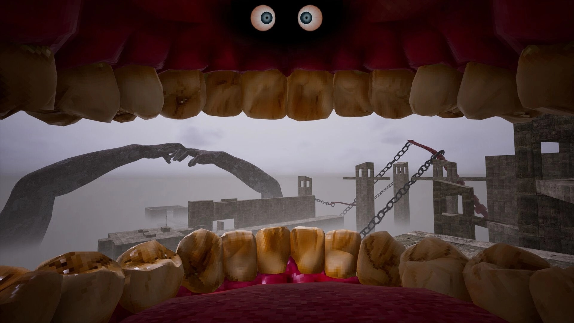 Cramped: First-person view from inside a giant mouth overlooking foggy concrete ruins and chains.