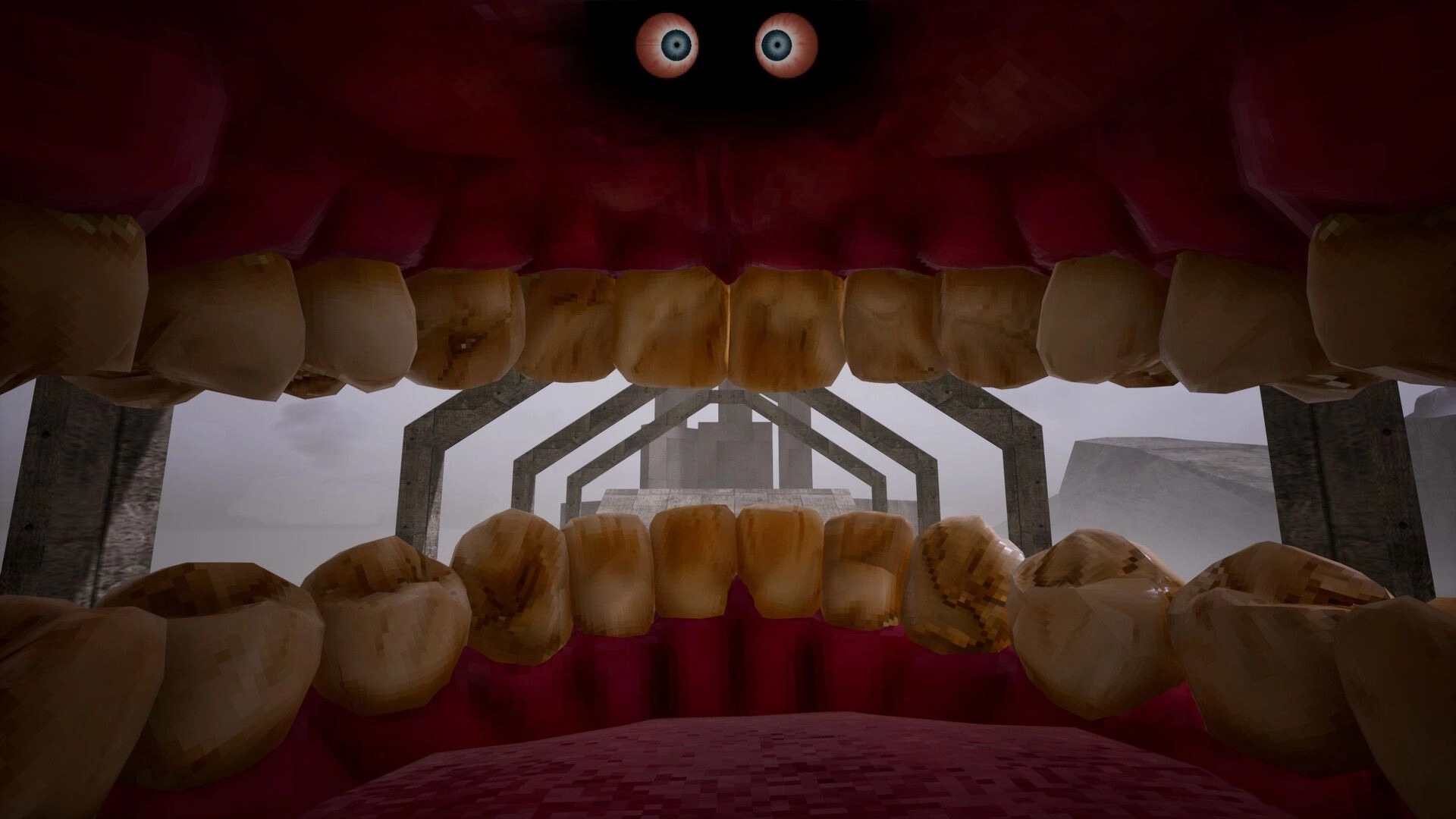 Cramped: View from inside a giant mouth with teeth and eyes above a bleak concrete corridor.