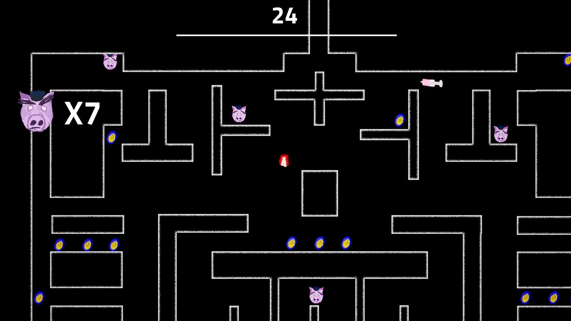 Cramped: Red player icon navigates a chalky maze with pig heads and coin pickups, x7 and 24 UI.