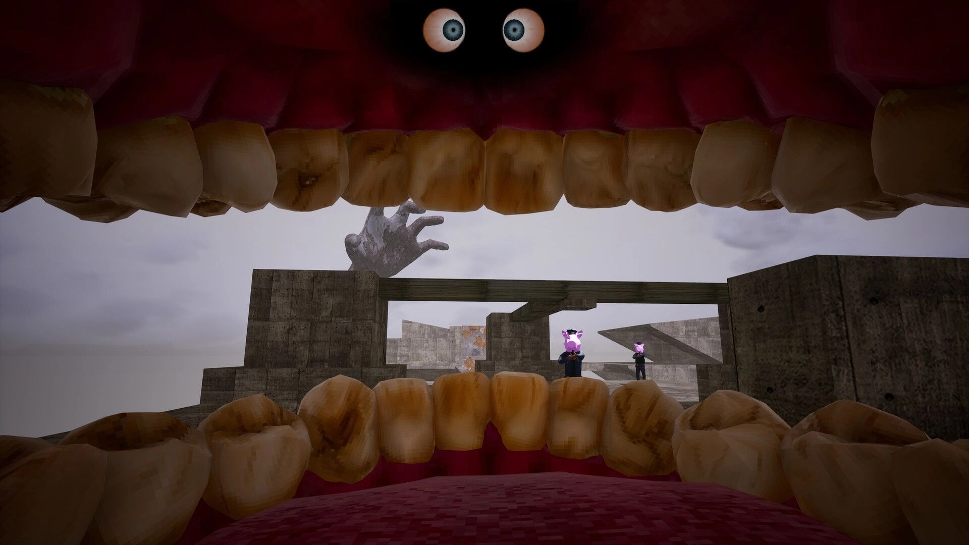 Cramped: View from inside a giant mouth facing pig-masked figures on concrete platforms under gray sky.