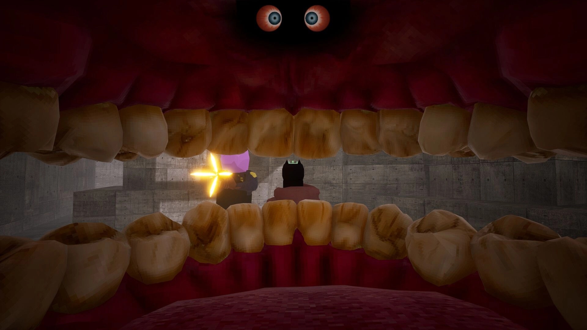 Cramped: View from inside a giant mouth as a gun muzzle flashes at a figure in concrete room.