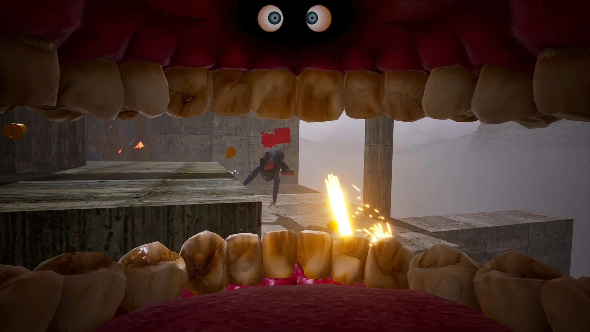 Cramped: First-person view from inside a giant mouth biting at a suited figure on concrete platforms.