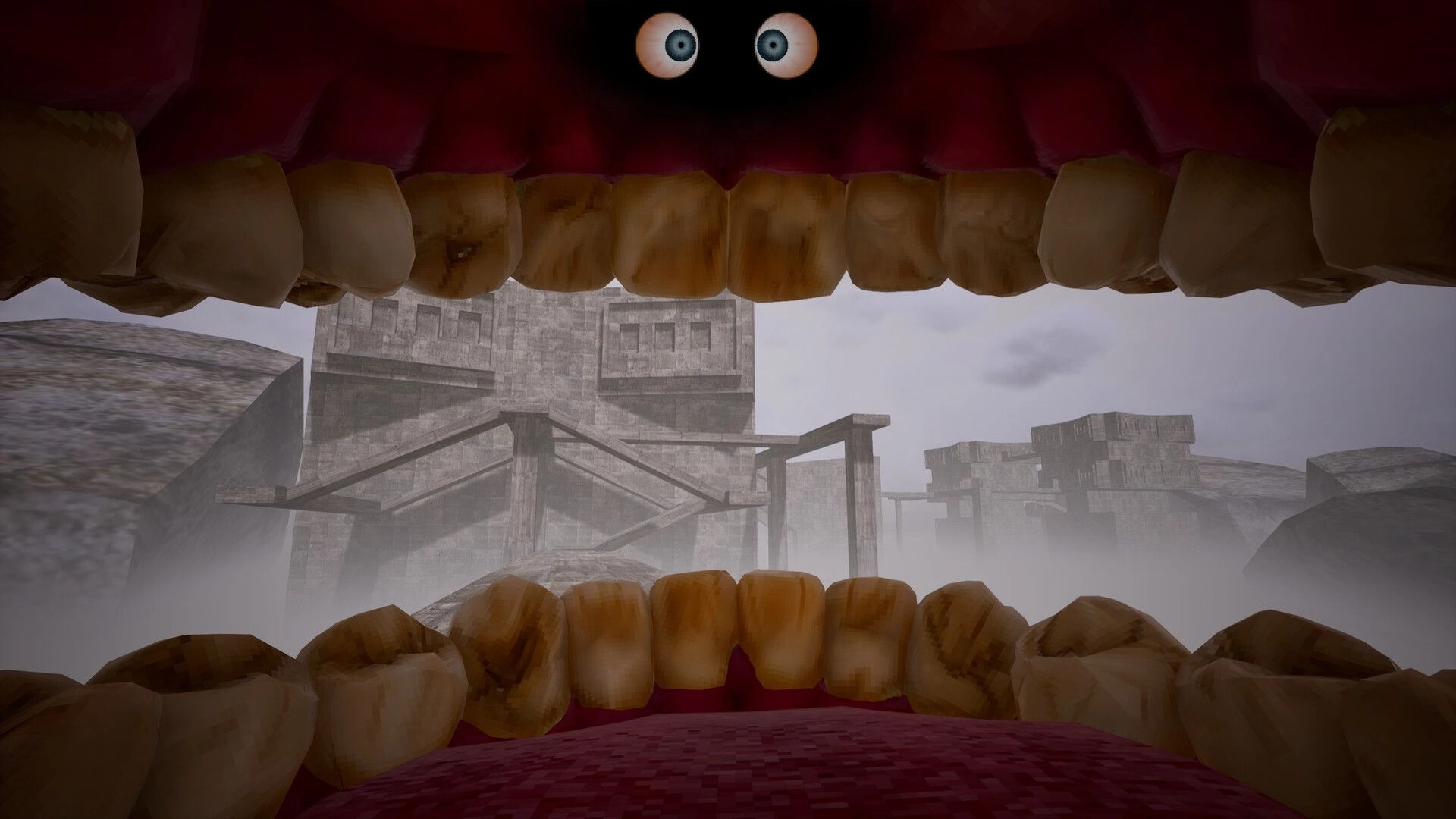 Cramped: First-person view from inside a giant mouth overlooking foggy concrete towers and bridges.