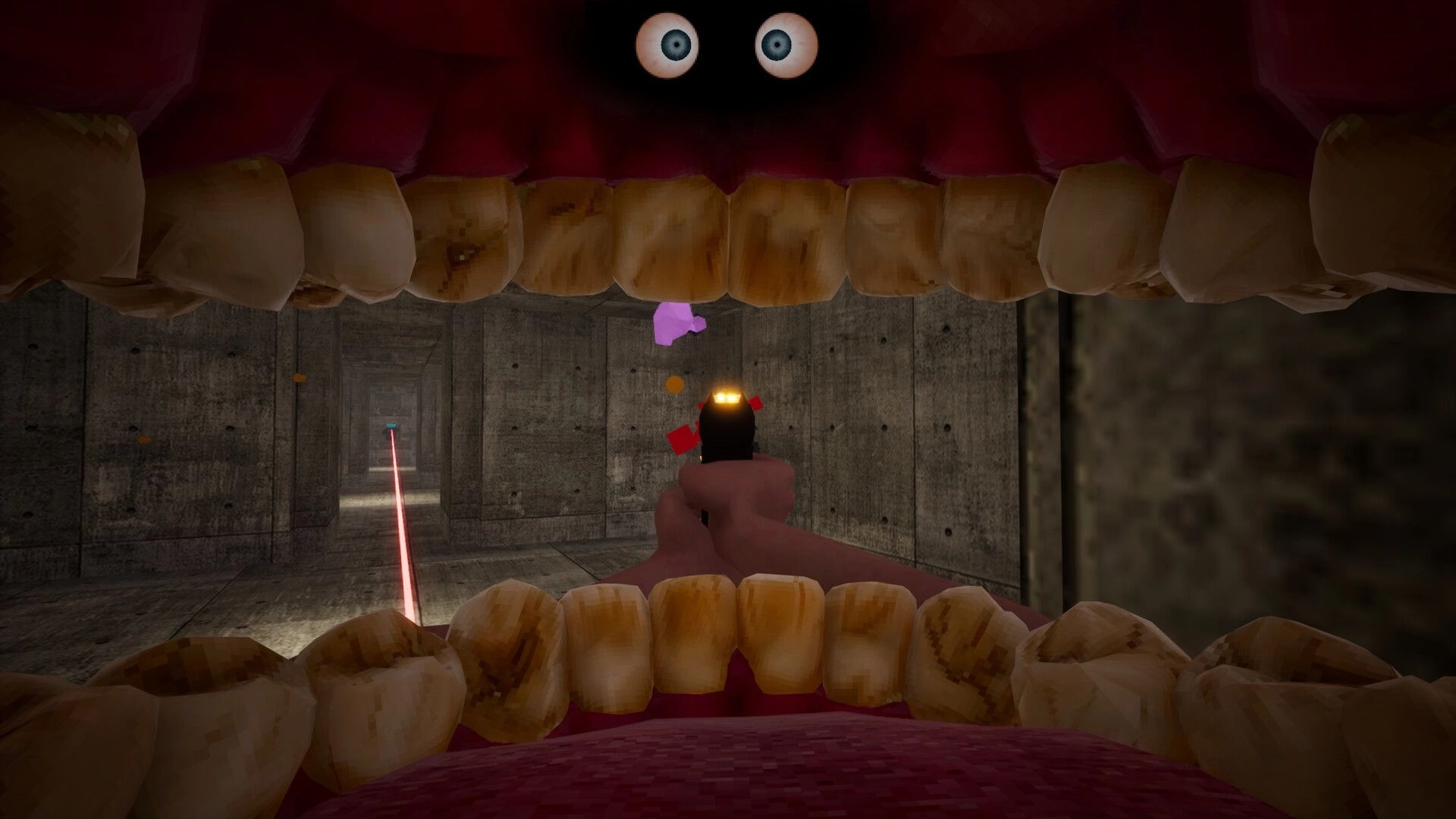 Cramped: First-person view framed by giant teeth aiming at a pig in a concrete corridor with laser trap.