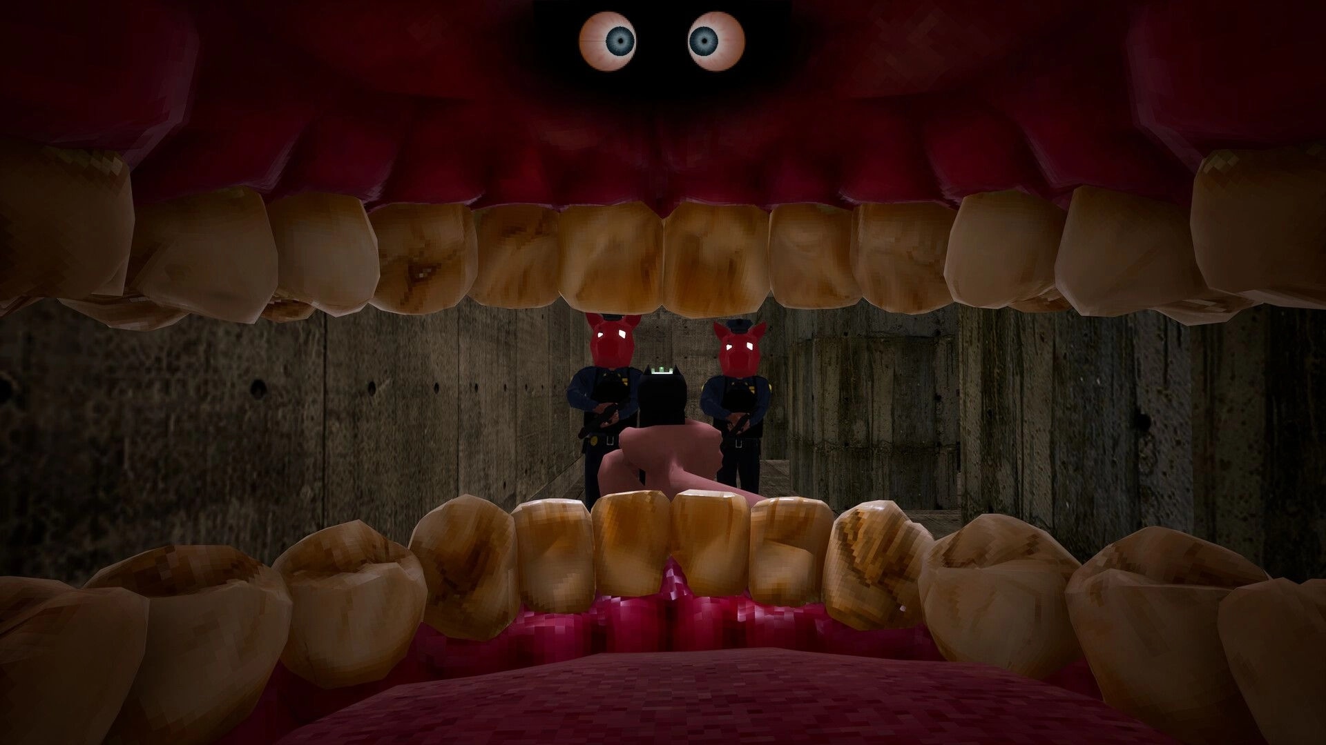 Cramped: First-person view from inside a huge mouth aiming at pig-masked guards in a concrete cell.