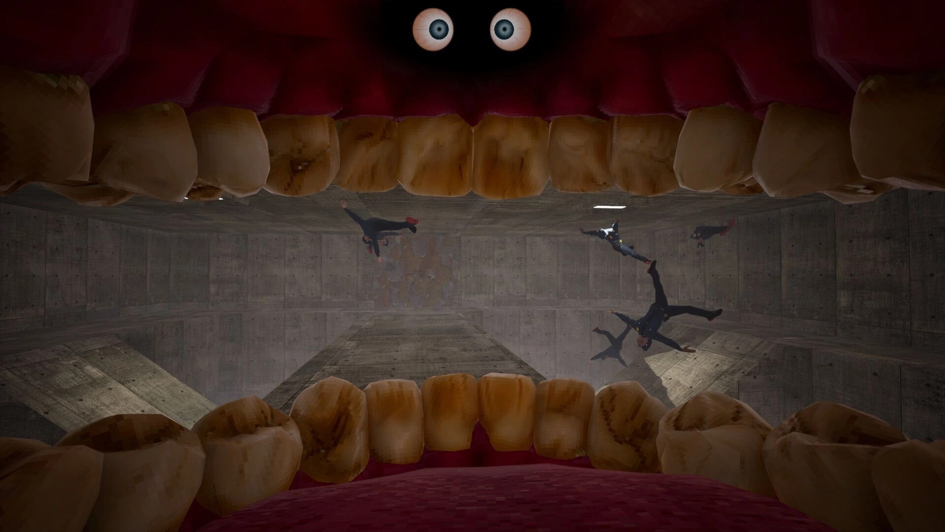 Cramped: Giant mouth with teeth and eyes looming over falling bodies in a concrete pit arena.