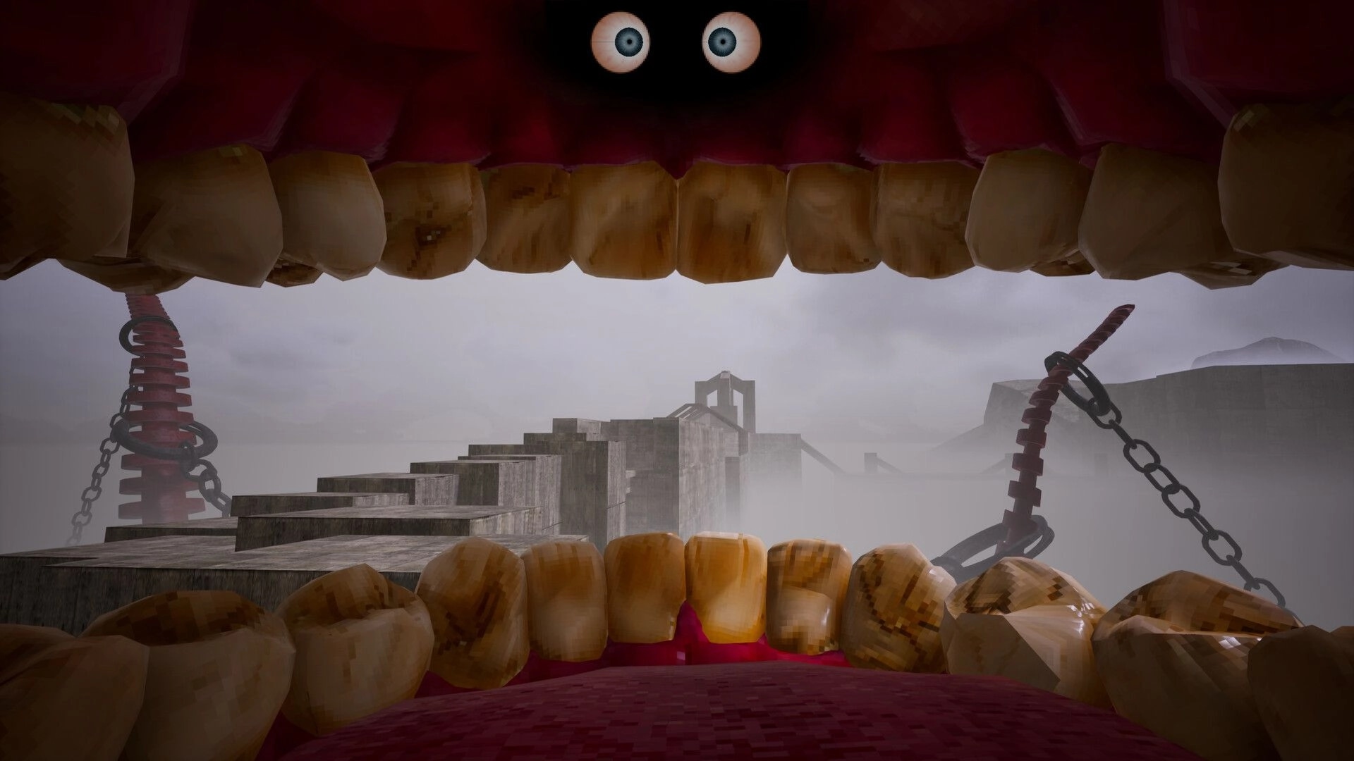 Cramped: View from inside a giant mouth facing foggy concrete stairs and chained pylons ahead.