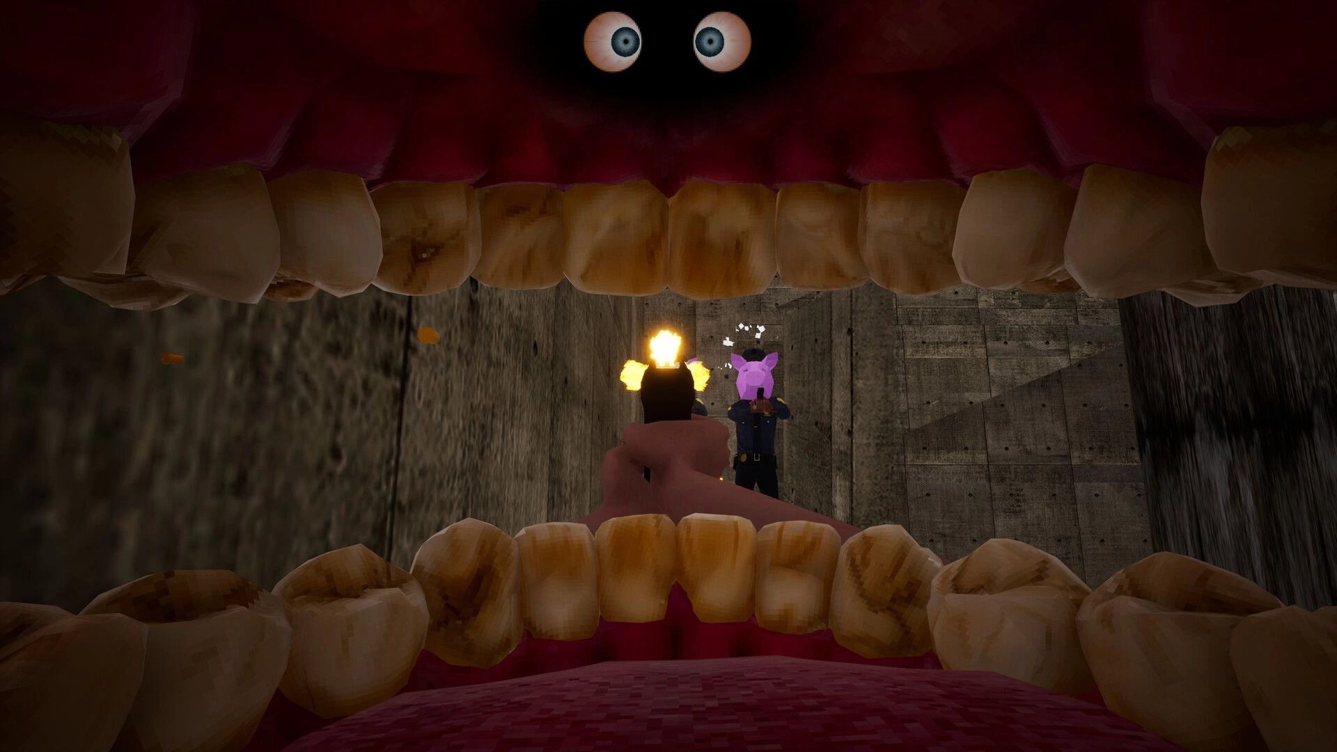 Cramped: View from inside a giant mouth as a pig-masked guard is shot in a concrete corridor.