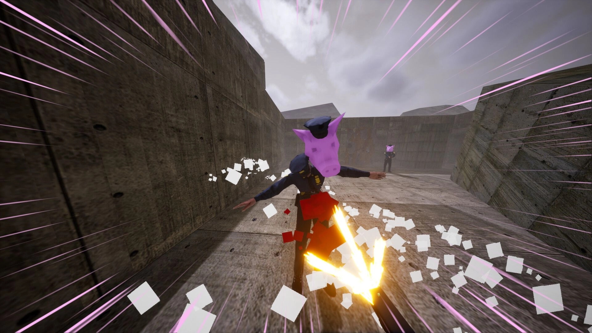 Cramped: First-person shot hits a pig-masked cop in a concrete corridor as another stands ahead.