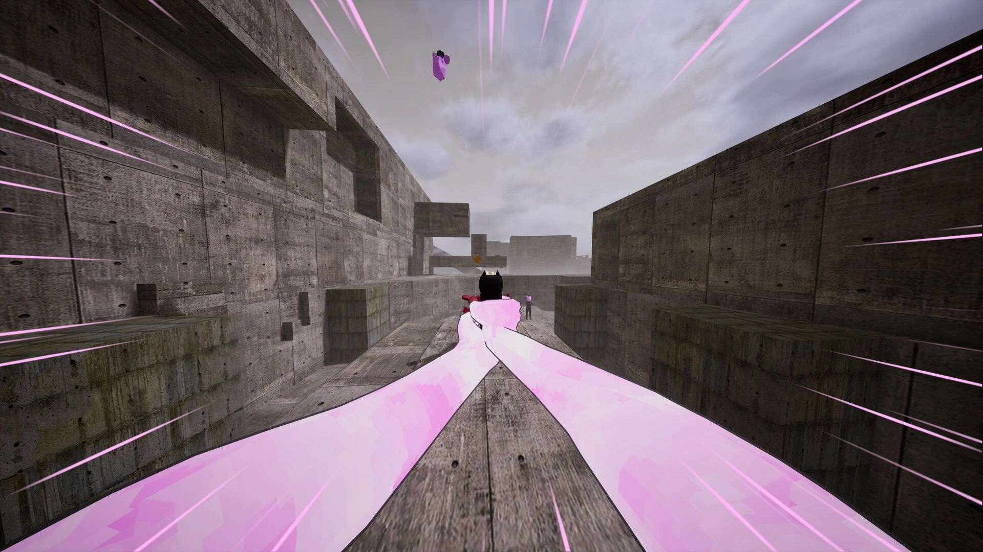 Cramped: First-person view aiming a black pistol down a stark concrete corridor with pink speed lines.