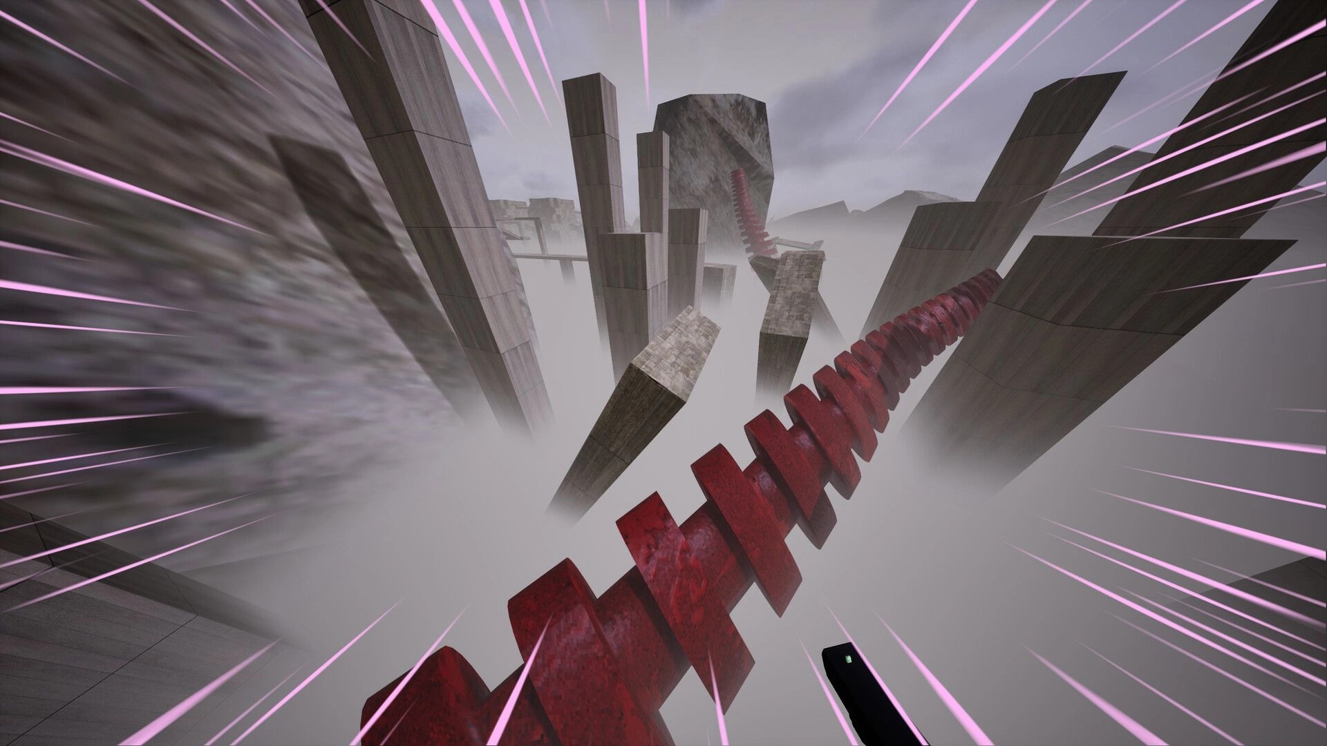 Cramped: First-person view leaping past red spiral platforms among towering concrete pillars in fog.