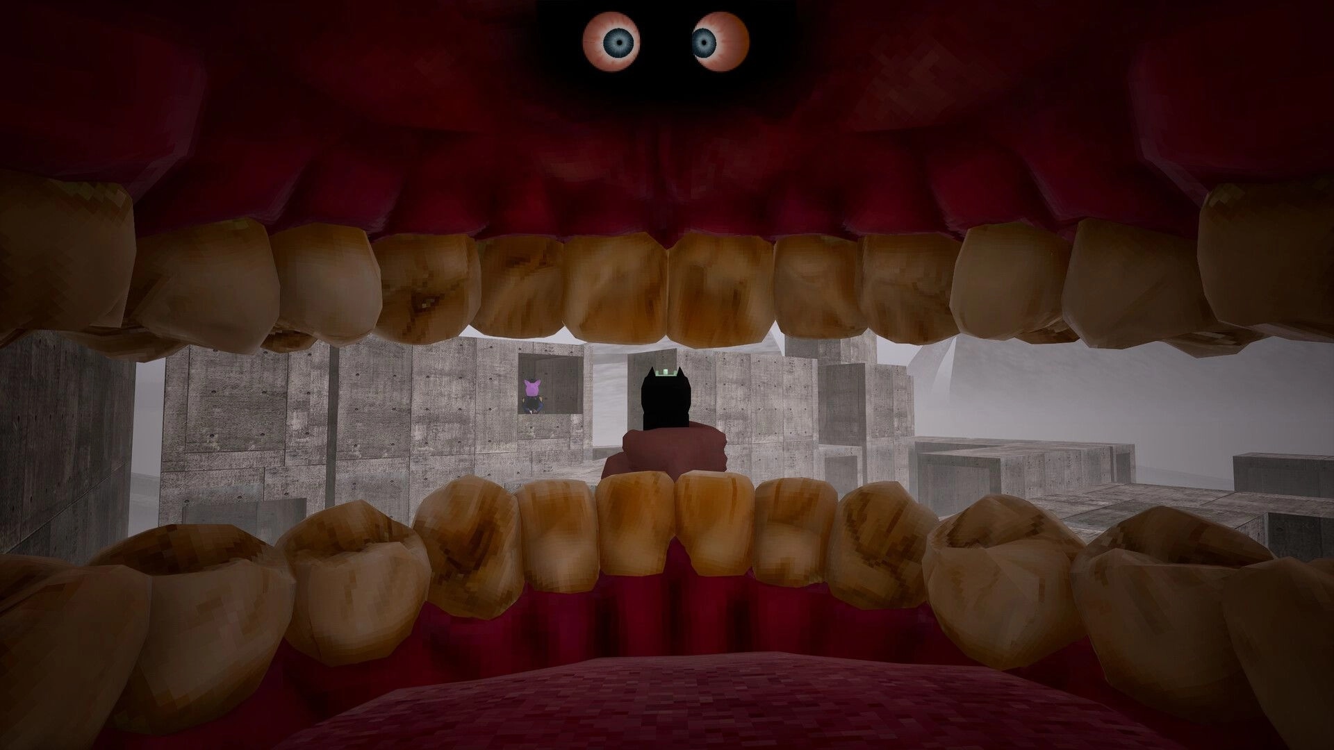 Cramped: First-person view inside a giant mouth aiming at a pig on concrete blocks in fog.