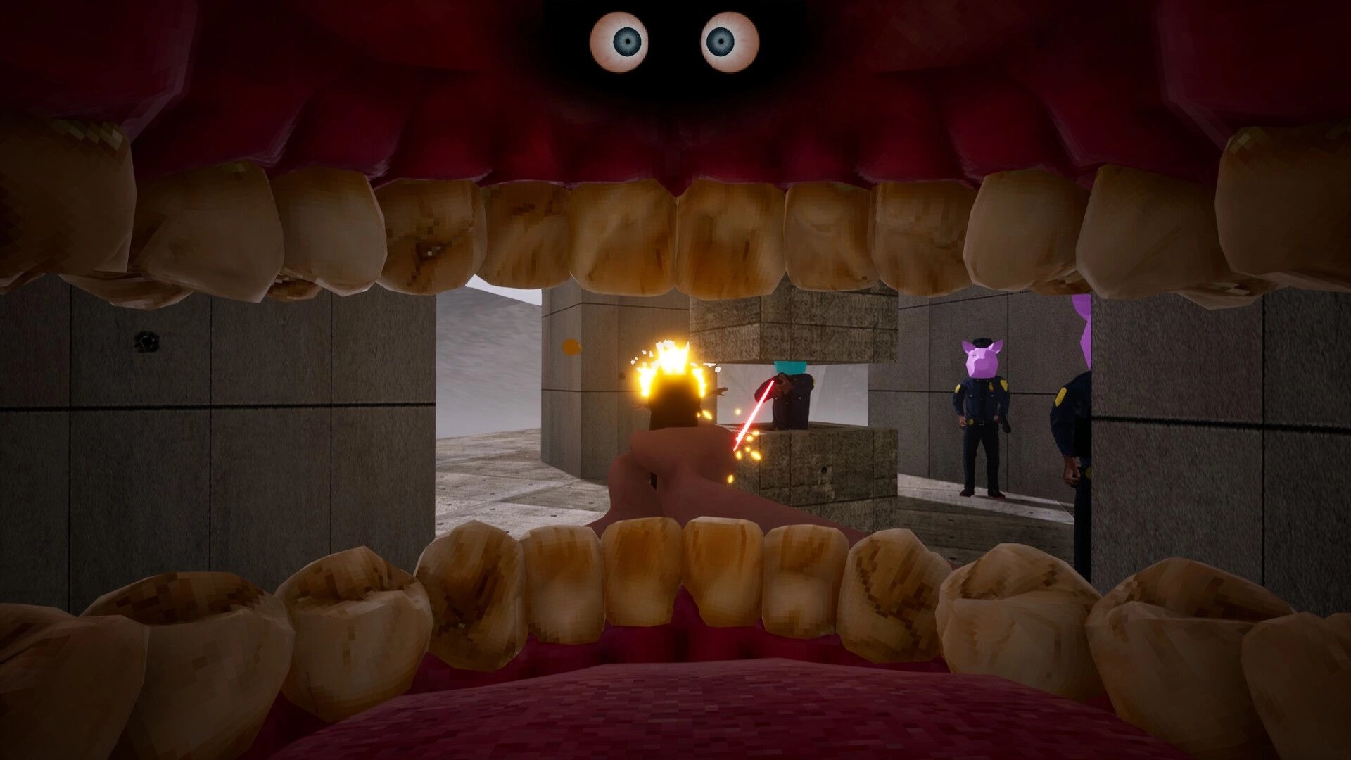 Cramped: Giant mouth HUD frames firefight in concrete corridor with pig-headed cops and sparks.