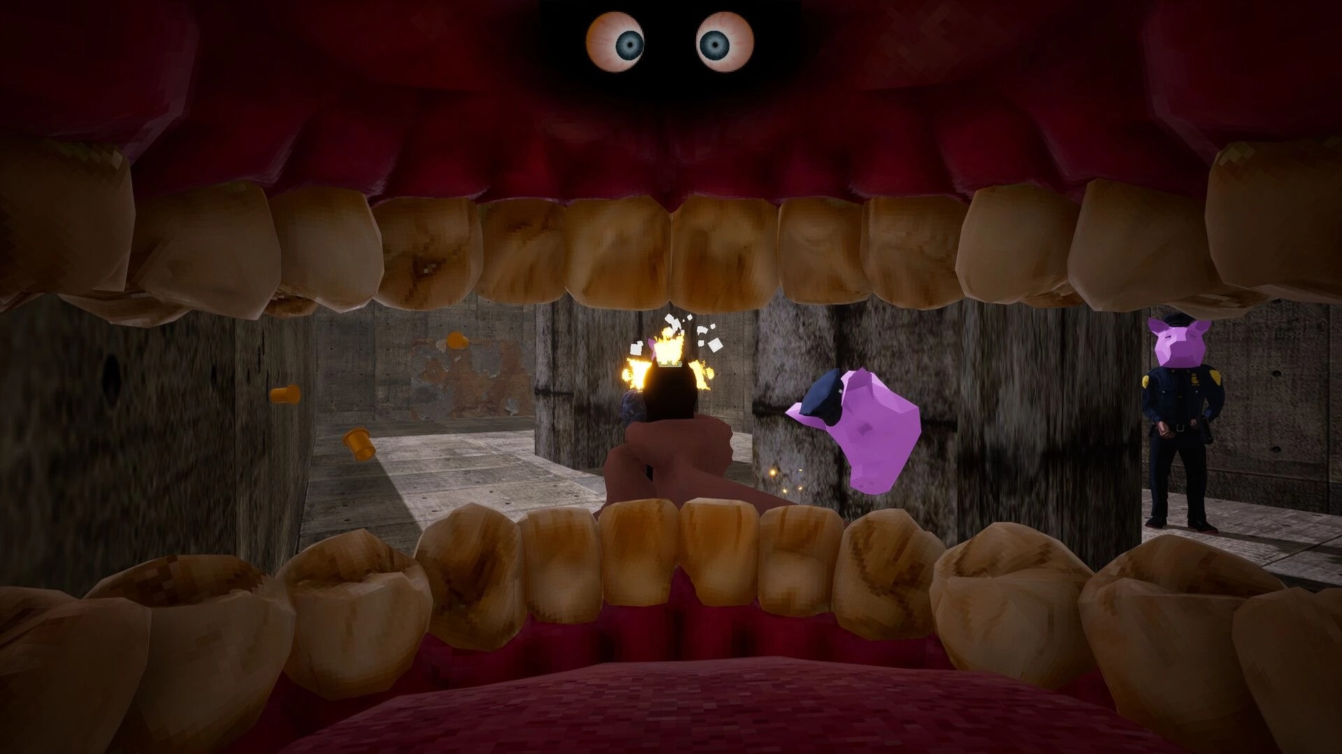 Cramped: View from inside a giant mouth as a pig-headed cop stands in a grim concrete corridor.
