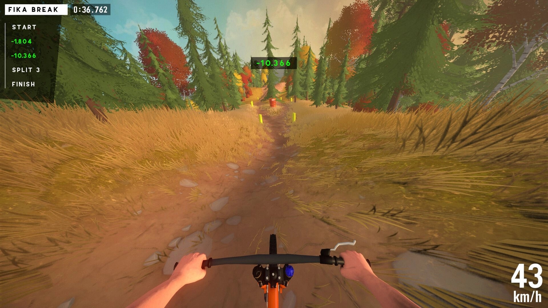Cranked: First-person downhill biking on a forest trail with speedometer and time display in view
