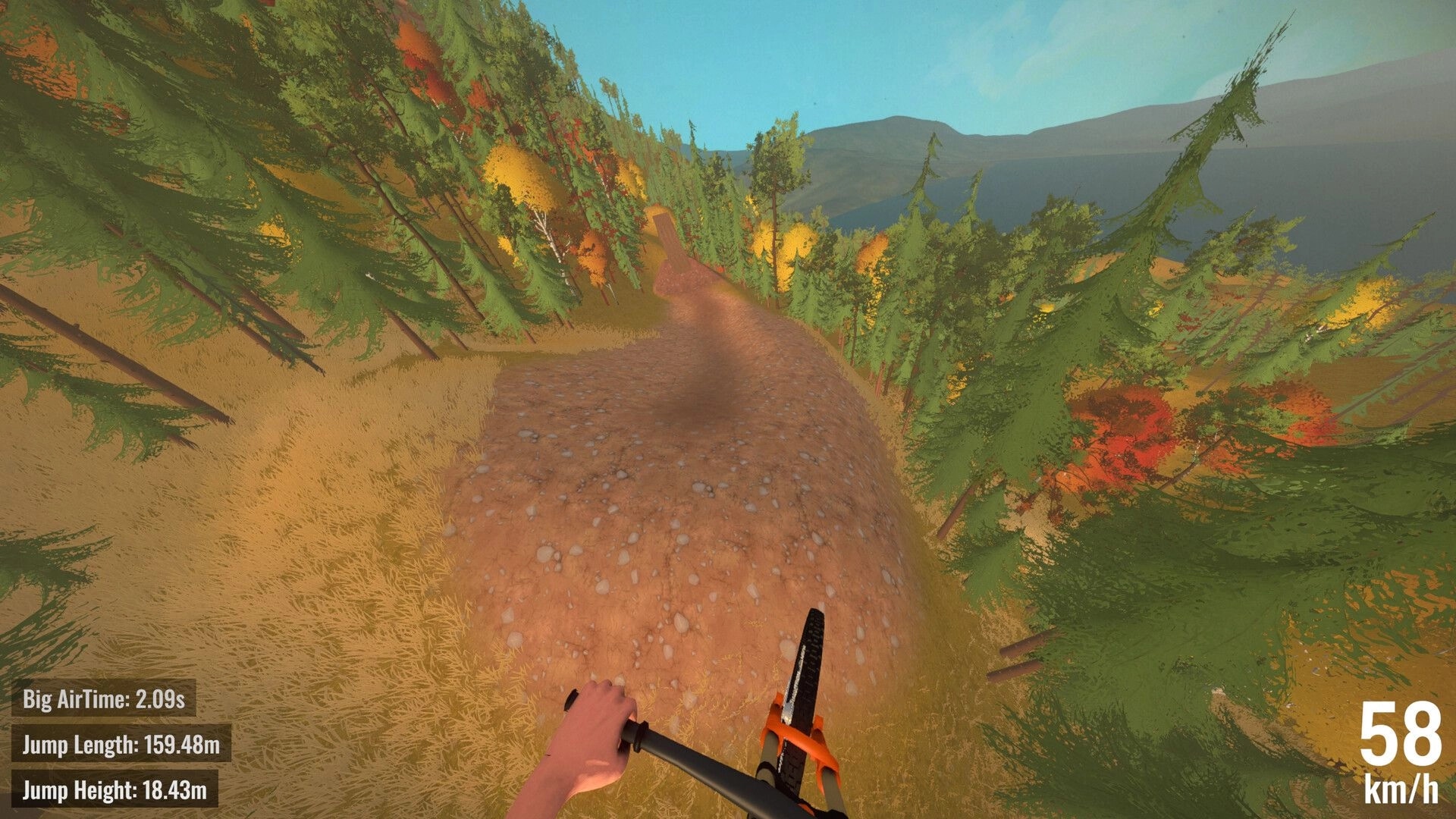 Cranked: First-person downhill biking on a forest trail with speed and jump stats displayed on screen