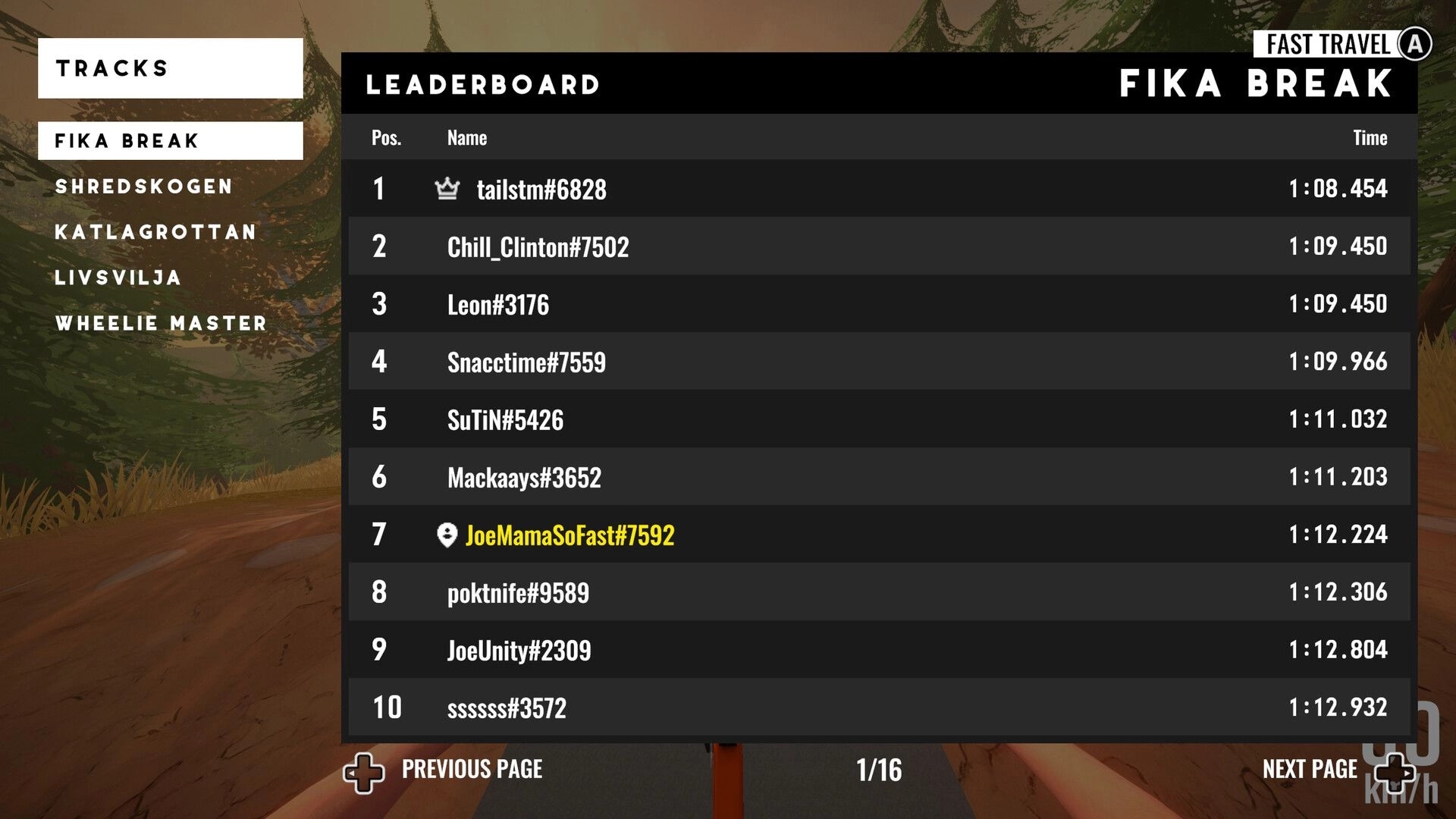 Cranked: Leaderboard screen showing top racers and track options set in a forest environment.