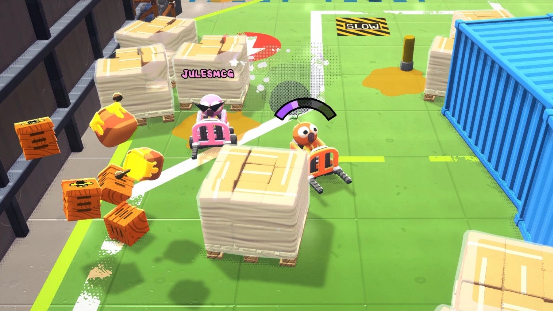 Crashout Crew: Two players move boxes in colorful warehouse with falling crates and safety hazards.