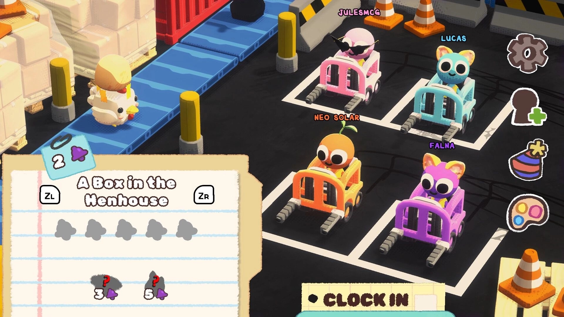 Crashout Crew: Characters in forklifts prepare for tasks in a colorful warehouse parking area