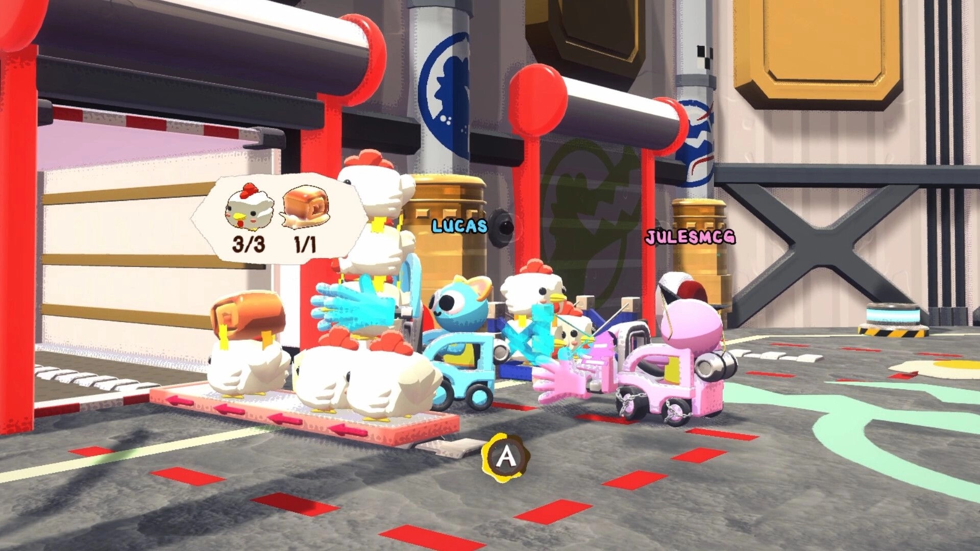 Crashout Crew: Lucas and JulesMCG move chaotic boxes in a colorful warehouse loading area.