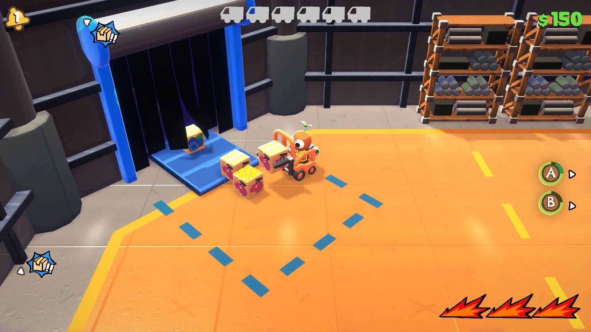 Crashout Crew: Cartoon character on forklift moving crates in a vibrant warehouse with shelving units