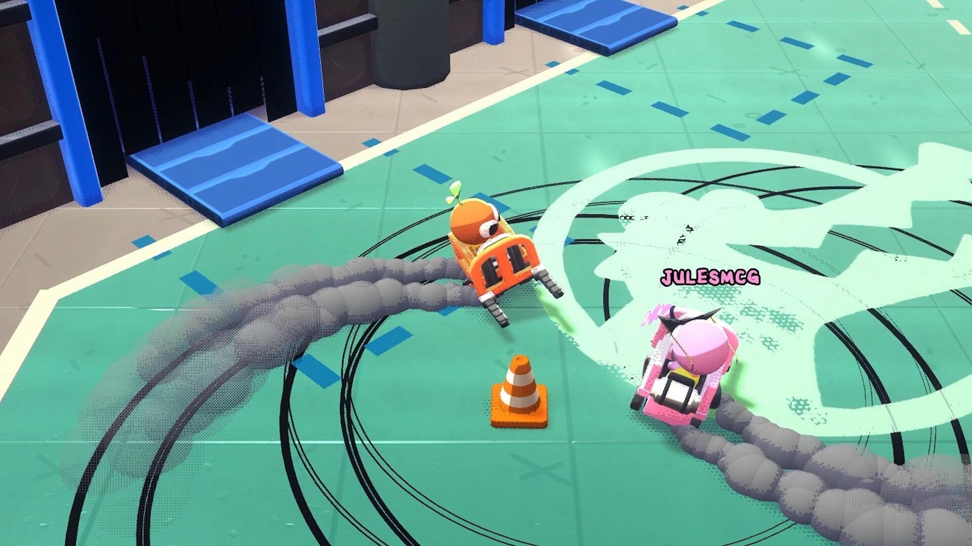 Crashout Crew: Two characters in forklifts racing on a warehouse floor, leaving tire marks behind