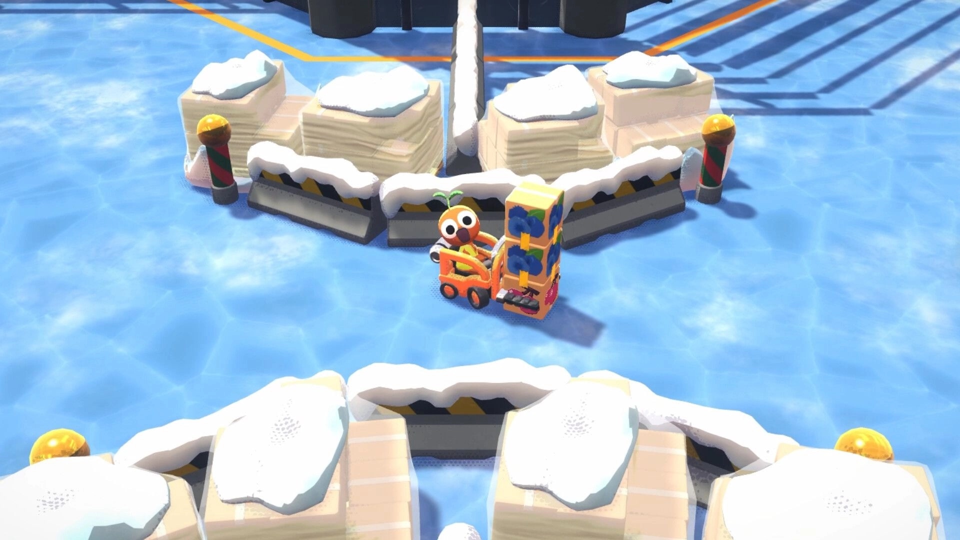 Crashout Crew: Character in forklift hauling stacked boxes on icy warehouse floor