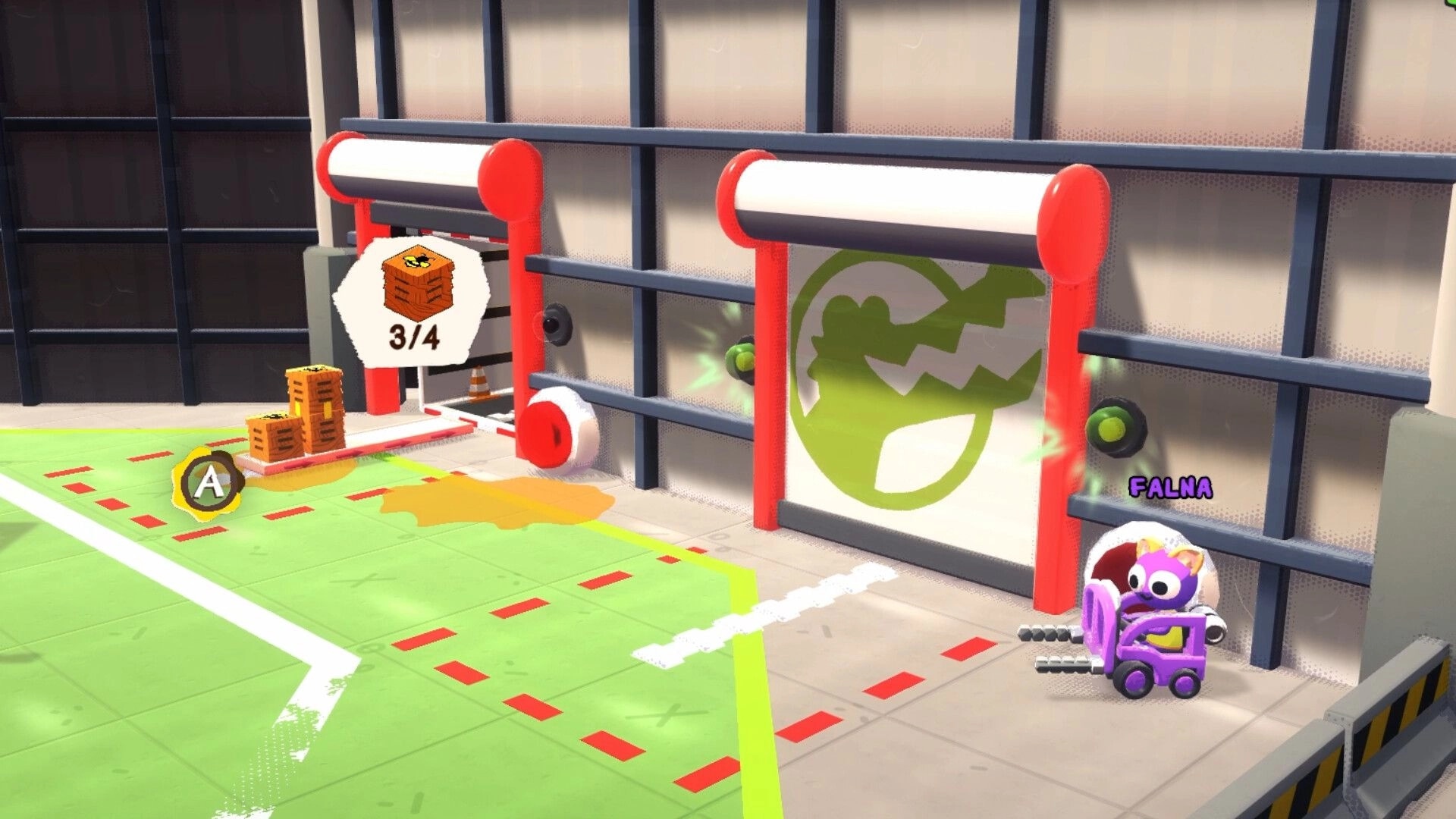Crashout Crew: Falna driving a small forklift in colorful warehouse, loading boxes onto a conveyor belt.