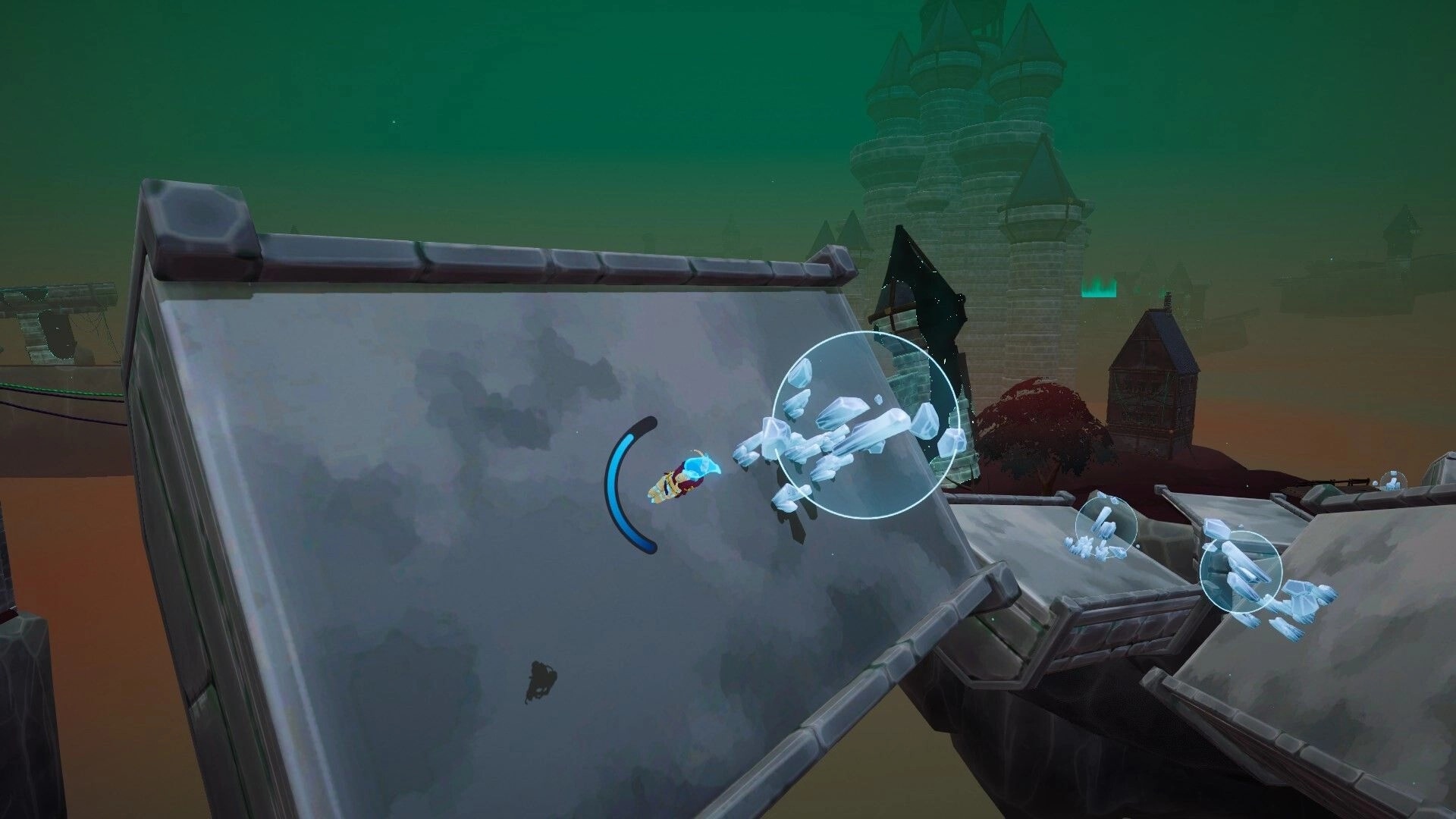 Craving Wisps: Player slides along a slanted rooftop past crystal bubbles in a foggy castle town.