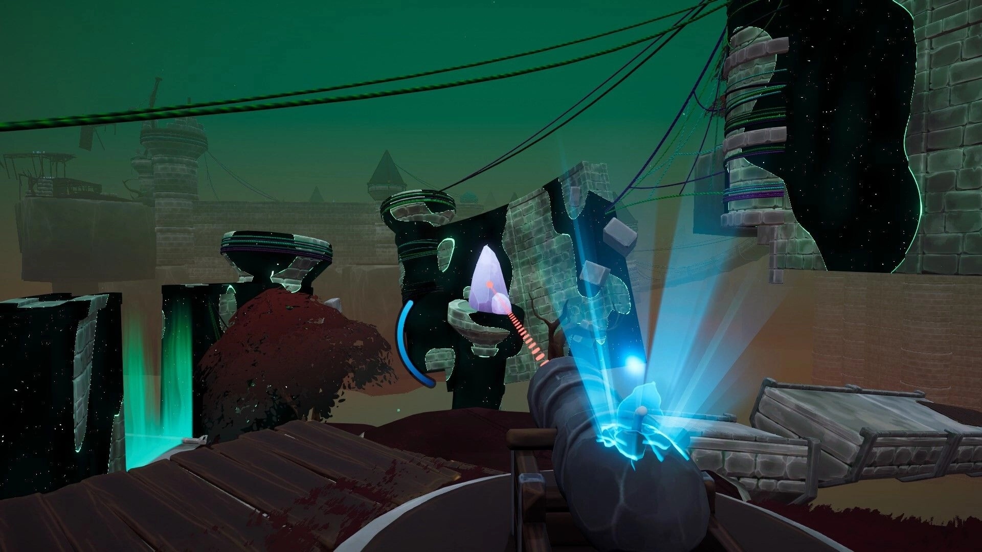Craving Wisps: First-person view aiming a blue spirit beam at floating ruins and portals in foggy sky.