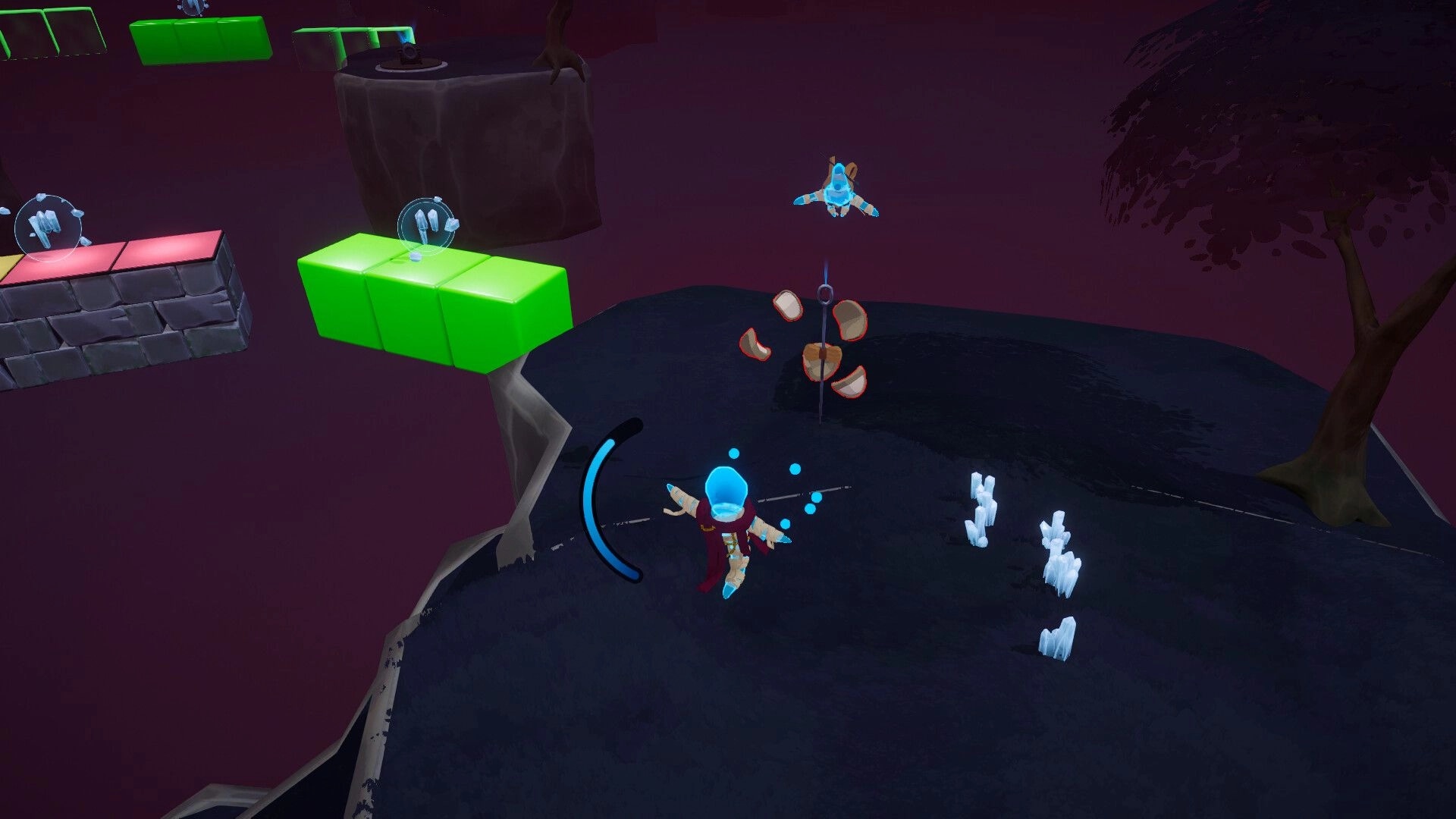 Craving Wisps: Blue spirit character gliding over a dark island with floating platforms and crystals.