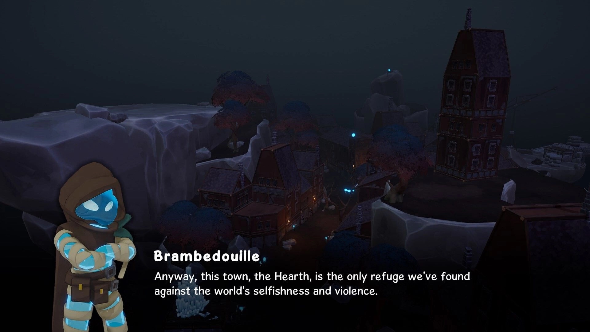 Craving Wisps: Brambedouille dialogue overlay as foggy cliffside town rooftops glow with wisps at night.