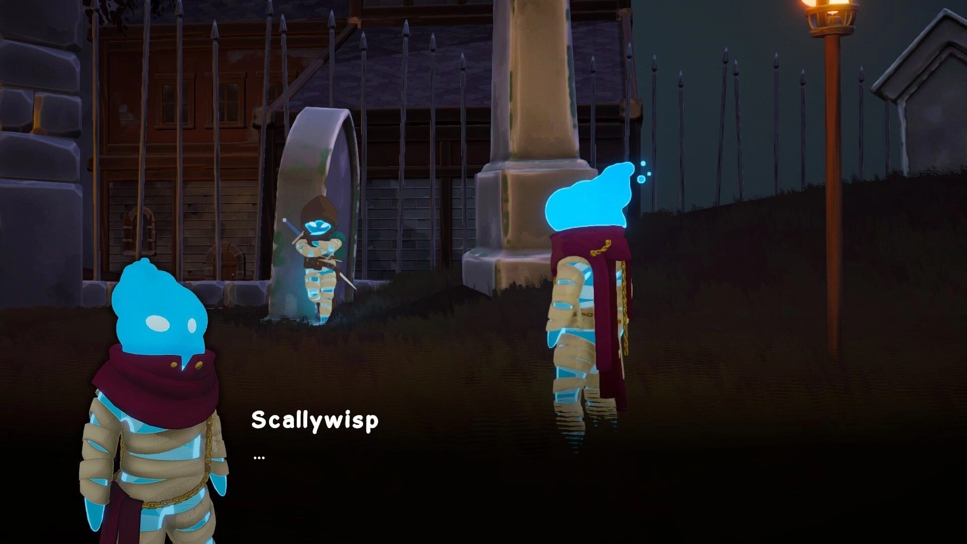 Craving Wisps: Dialogue with Scallywisp beside a gravestone in a foggy graveyard at night.