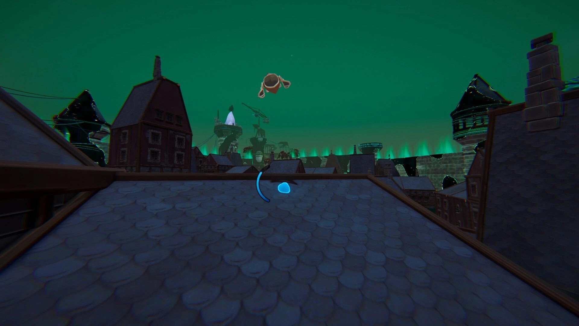 Craving Wisps: Blue wisp gliding over rooftops with a curved meter HUD in a green-lit city skyline.