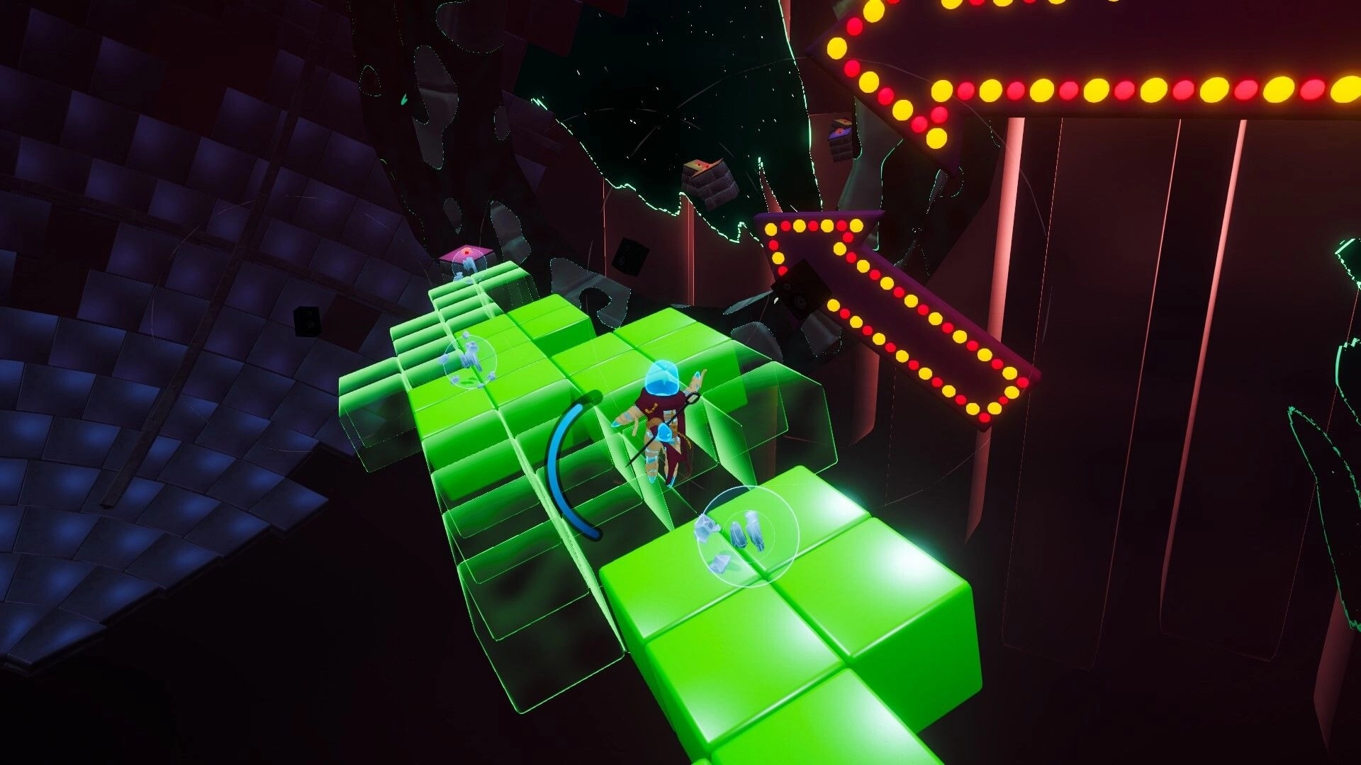 Craving Wisps: Hooded hero runs along glowing green blocks in a dark cavern with neon arrow lights.