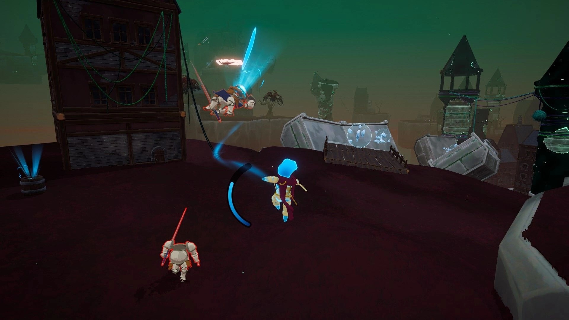 Craving Wisps: Blue spirit hero dashes as armored foes attack on eerie rooftops and wrecked towers.