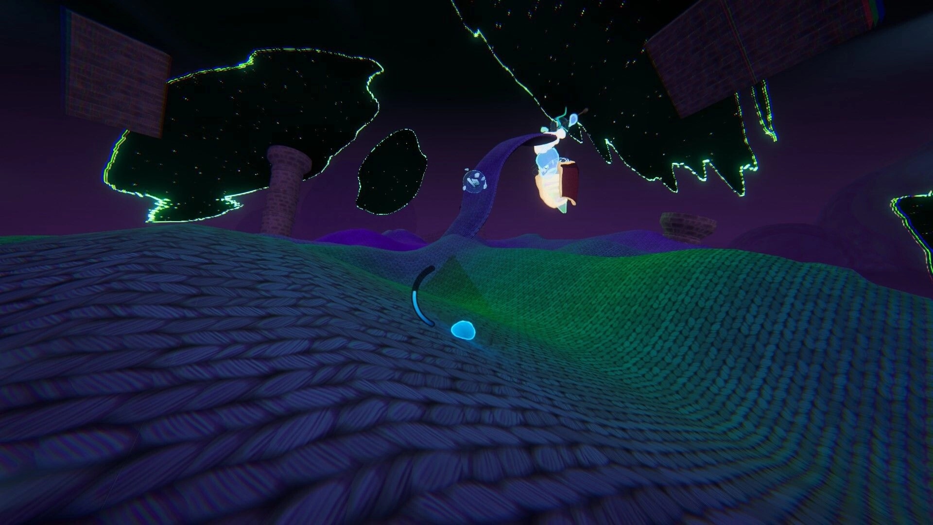 Craving Wisps: Ghostly wisp arcs toward a hanging lantern in a surreal neon forest at night.