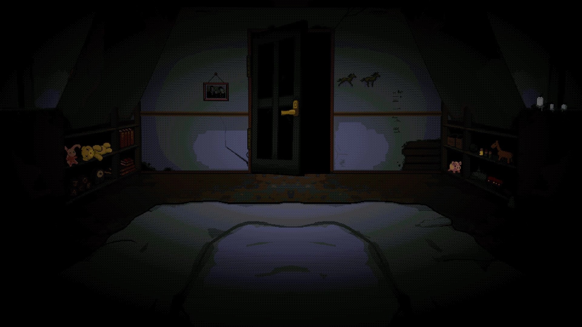 Crawling Angels: Dark bedroom view facing a closed door, toys on shelves, and a rumpled bed in front.