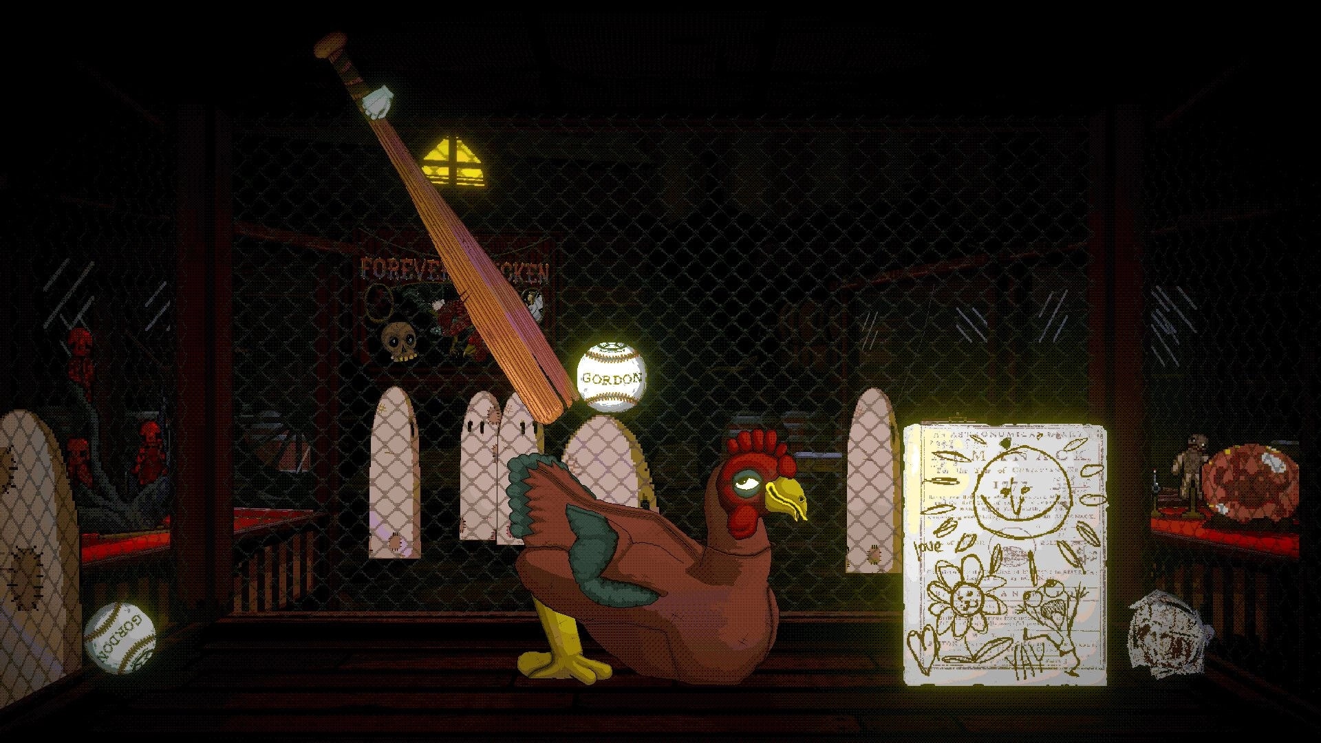 Crawling Angels: Bat swings at ragdoll chicken beside clue board in a dim fenced carnival room.