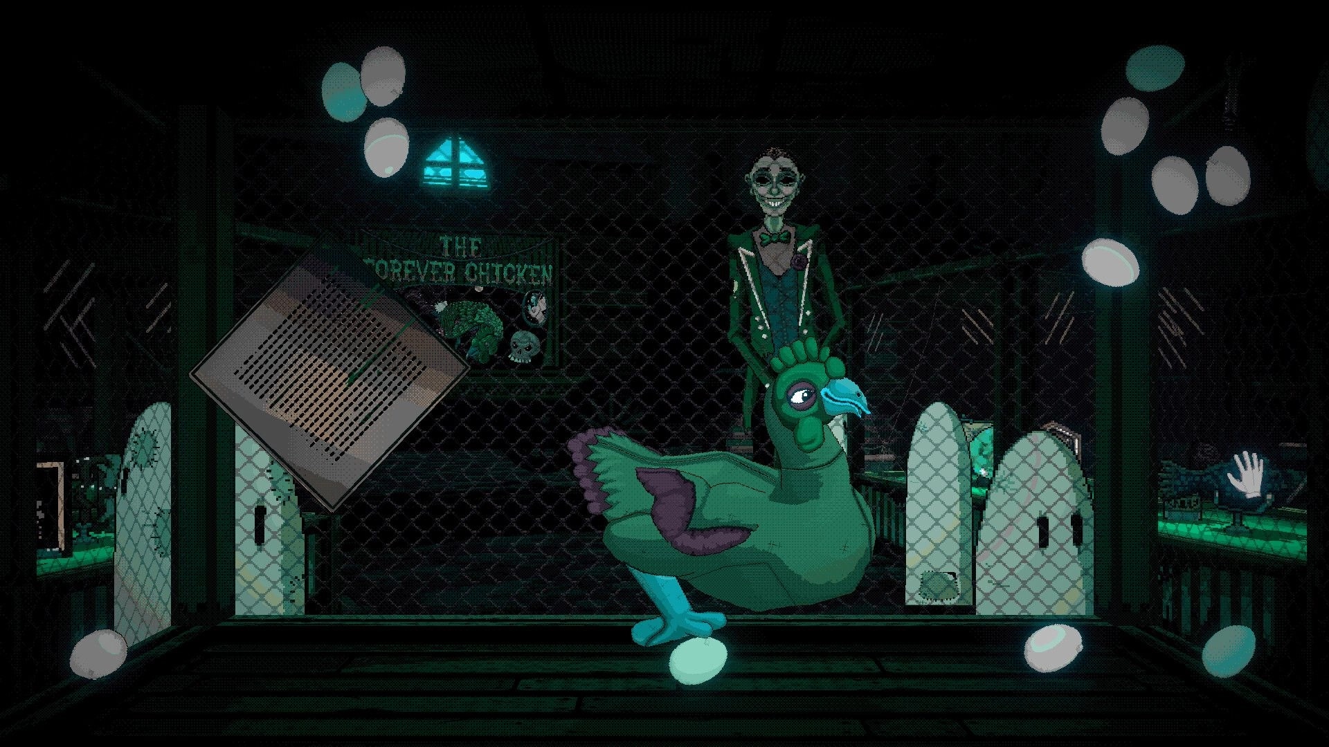 Crawling Angels: Forever Chicken stands before a grinning ringmaster in a dim carnival cage stage.