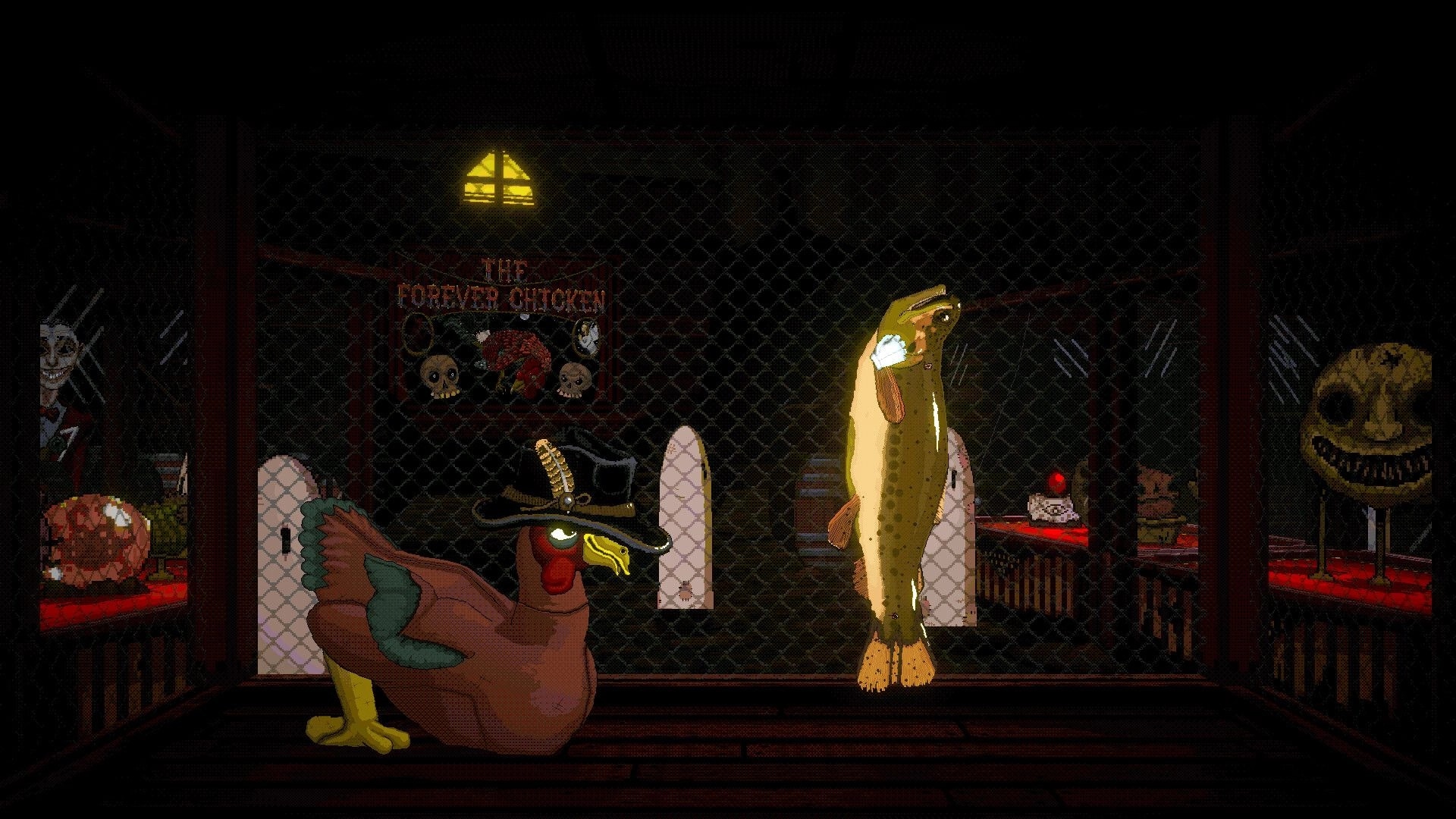 Crawling Angels: Forever Chicken in a top hat faces a hanging fish inside a fenced carnival stall.