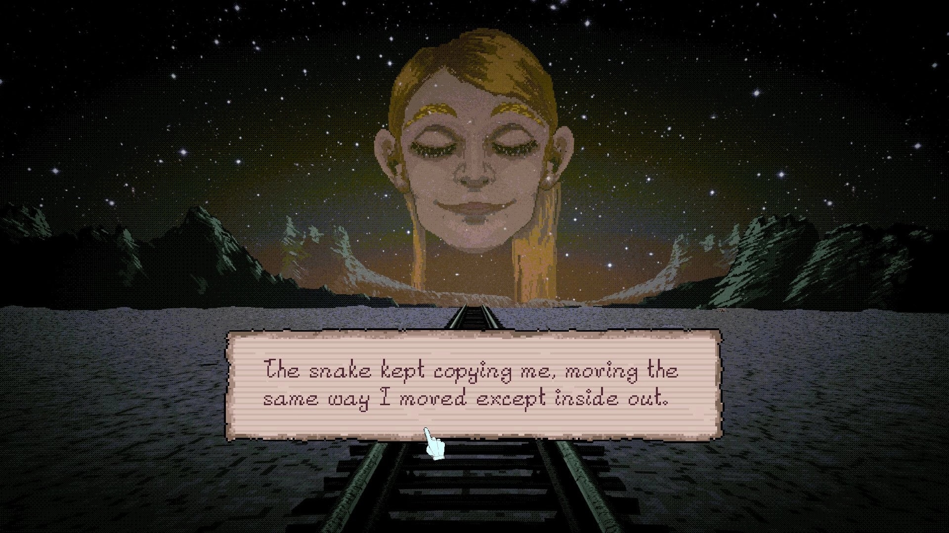 Crawling Angels: Text dialogue box over railroad tracks beneath a giant face in a starry night sky.